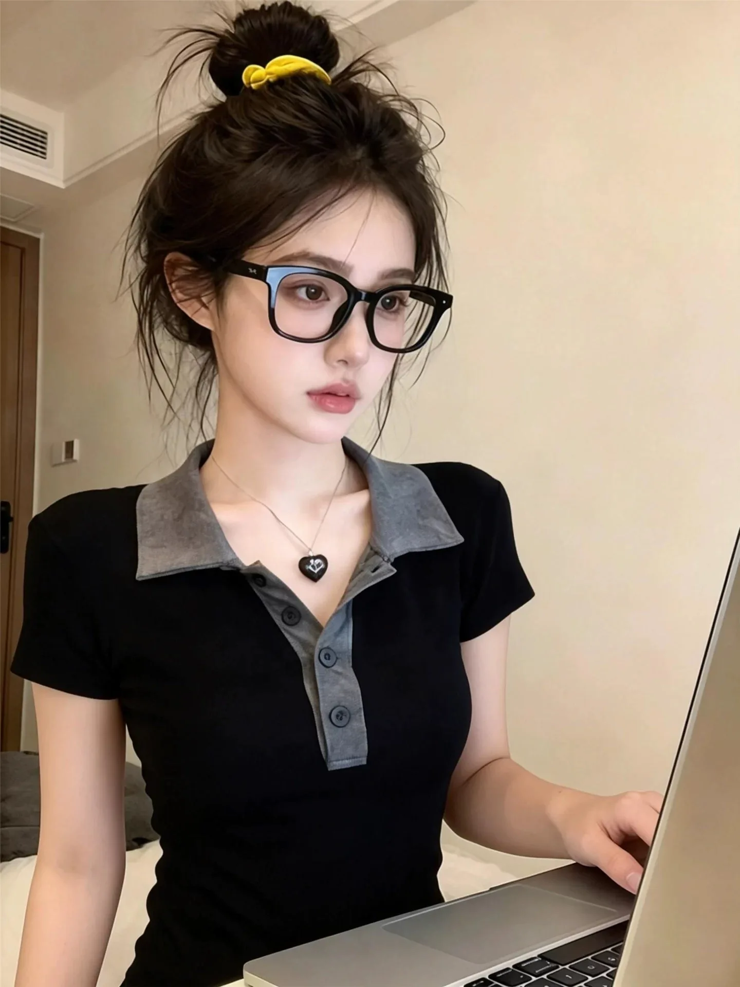 Summer Women's Slim Fit  Shirt Short Sleeve 95 Cotton Waist Cinched Turn-down Collar T-shirt Big Size Shoulder Appropriate