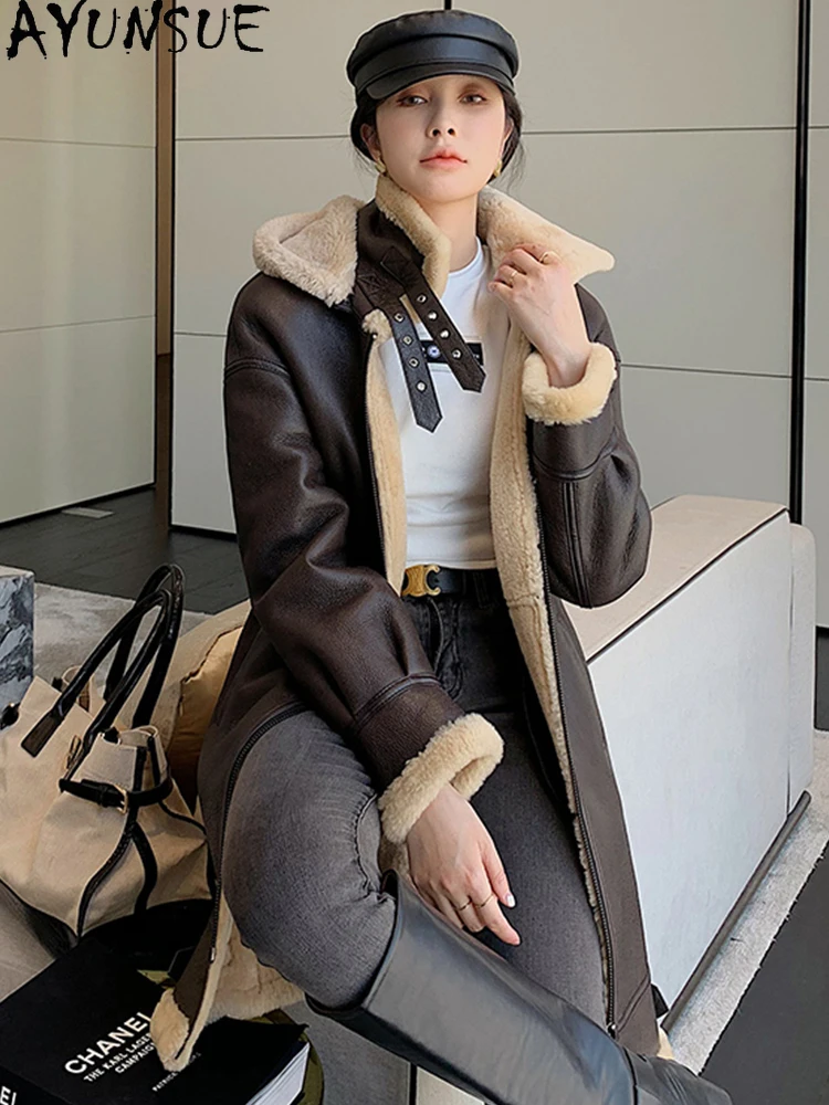 AYUNSUE 천연 양피 모피 코트 여성 정품 가죽 자켓 중간 길이 겨울 자켓 2025 럭셔리 의류 여성 루즈 피트