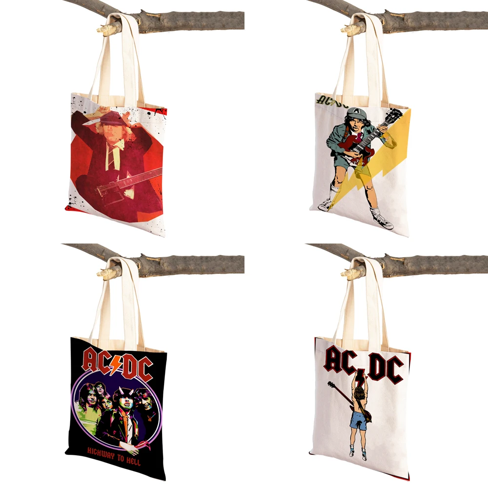 Canvas Women Shopper Bag AC DC Band Art Lady Shopping Bags Classic Rock Team Reusable Foldable Eco Cartoon Travel Tote Handbag