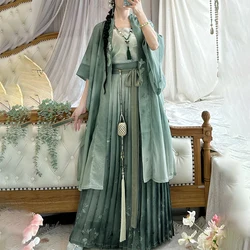 Summer New Hanfu Long Coat&strap&skirt Green New Chinese Style Hanfu Dress Women Elegant Han Clothes Flower Print Costumes