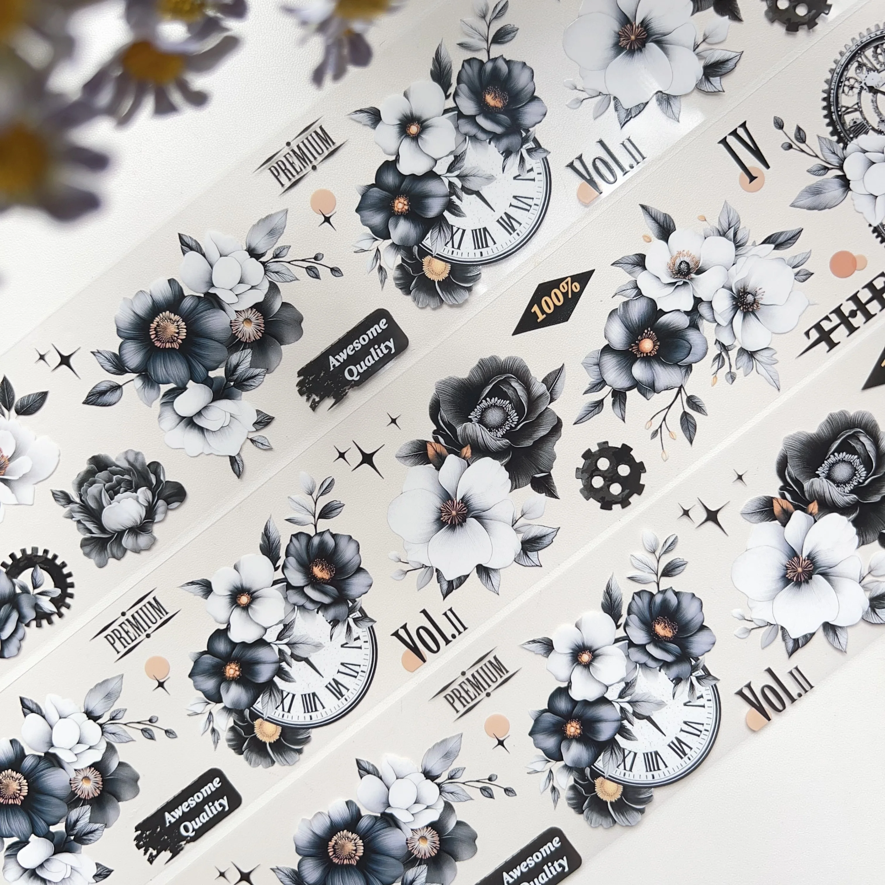 

pet washi tape [Kalachakra Narrative] journal tape, light retro dark black and white flower versatile