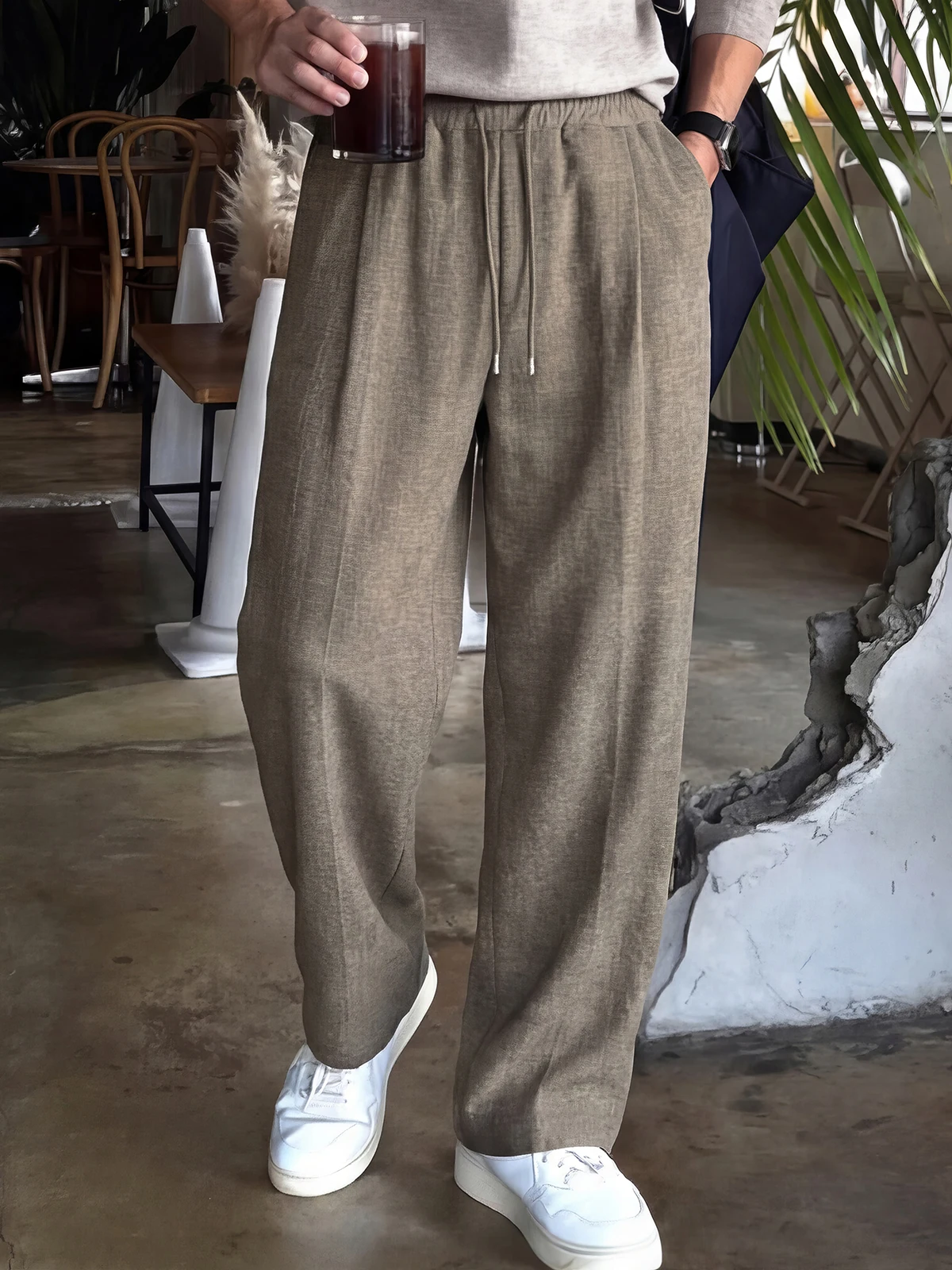 

Casual Straight Leg Pants Men's Spring Autumn Khaki Color Elastic Waist Drapey Wide Leg Long Pants Comfortable Daily Wear