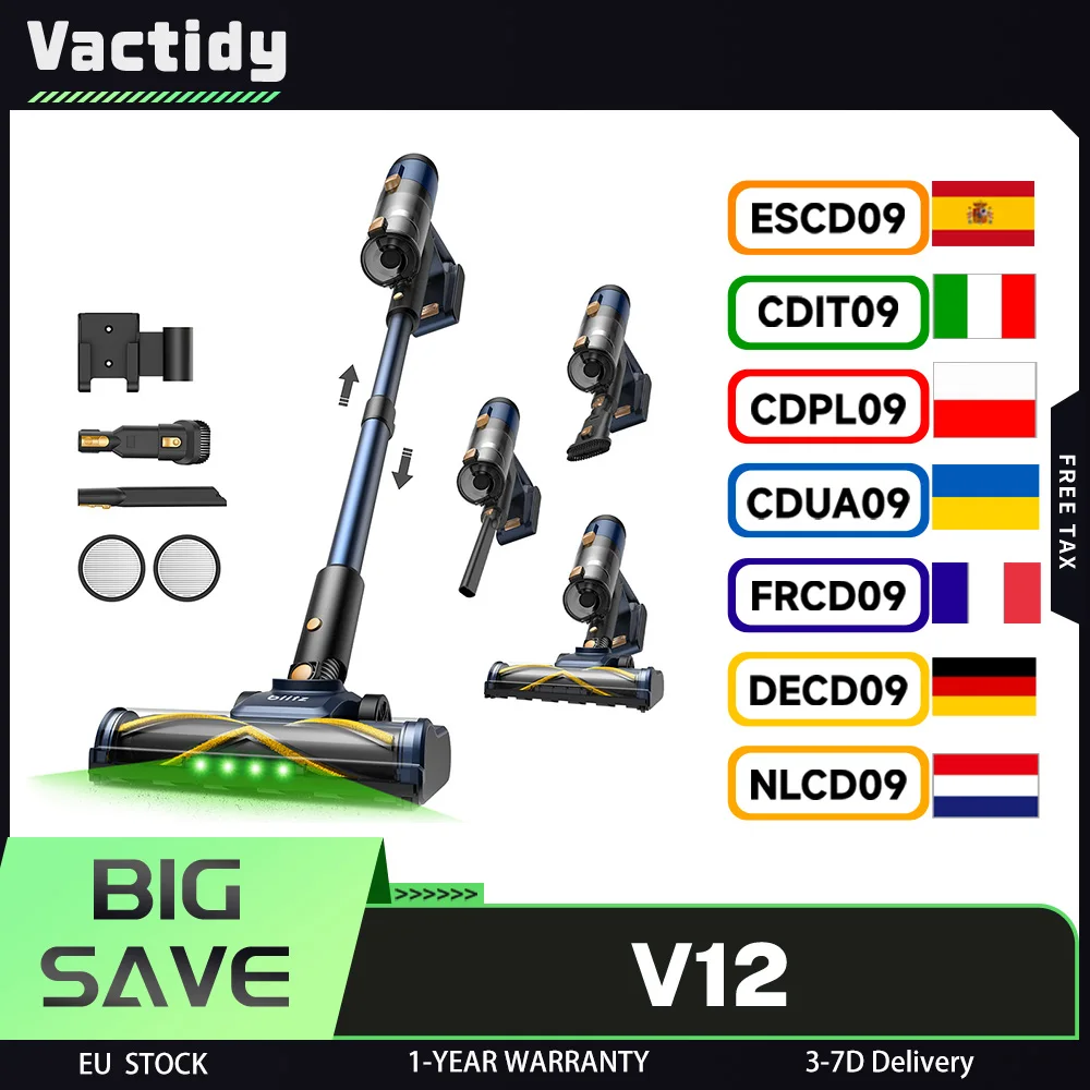 Aspirateur sans fil Vactidy V12, aspiration de 50 000 Pa, moteur de 450 W, aspirateur sec et humide 2 en 1, écran LED, autonomie de 50 minutes, capacité de 0,5 L