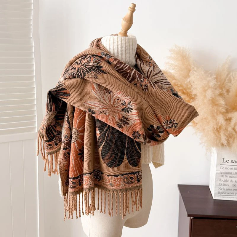 

Autumn Winter Scarf Women Pashmina Shawls Flower Print Wraps Cashmere Blanket Warm Thick Chunky Stoles for Lady Outdoor Bufanda