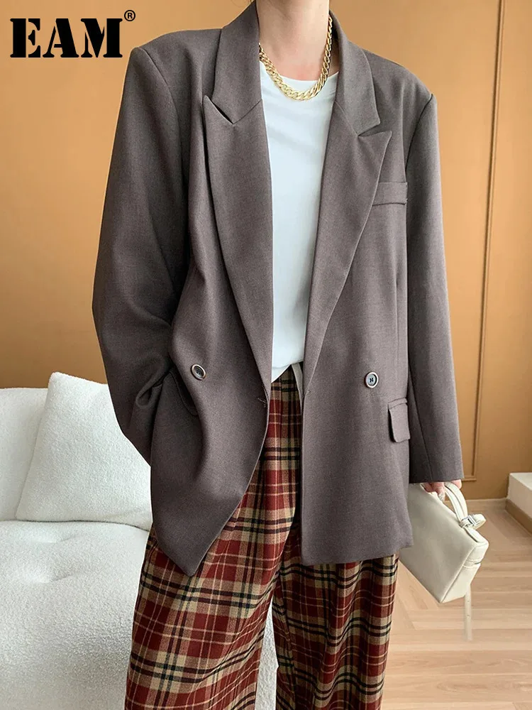 [EAM] Women Coffee Gray Khaki Elegant Big Size Blazer New Lapel Long Sleeve Jacket Fashion Tide Spring Autumn 2024 1DH7054