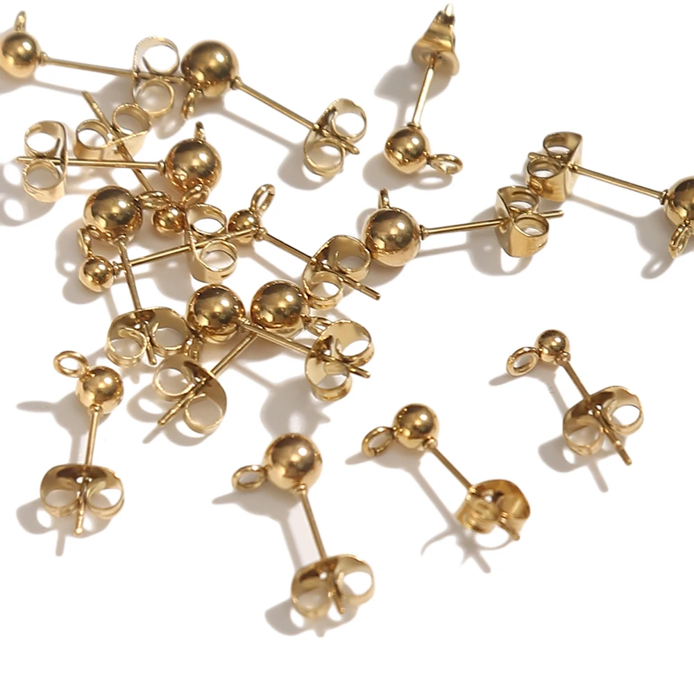 

20PCS Gold Plated Round Ball Earring Stud Bases Blank Stainless Steel Post Pins with Ear Backs Findings Wholesale Jewelry Making