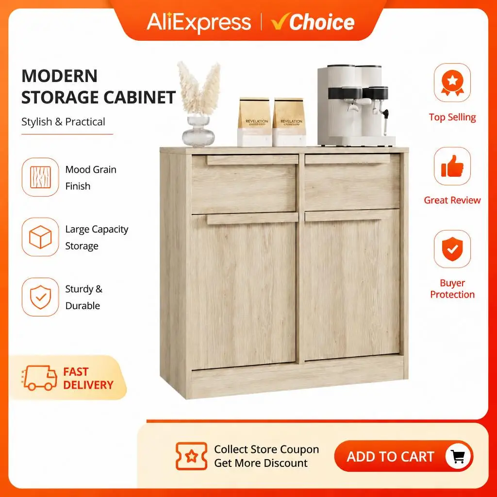 Credenza moderna GarveeLife, ideale per sala da pranzo e soggiorno: 4 ante e 4 cassetti, mobile contenitore versatile in legno di betulla, design elegante, perfetta per l’organizzazione della cucina,