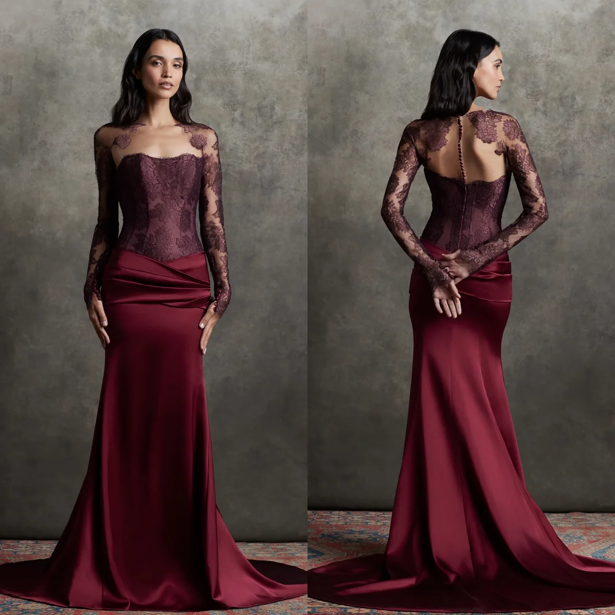 

Custom Lace Long Sleeved Mermaid Evening Gown Strapless Elegant Floor Mopping Ball Gown Cocktail Party Gown