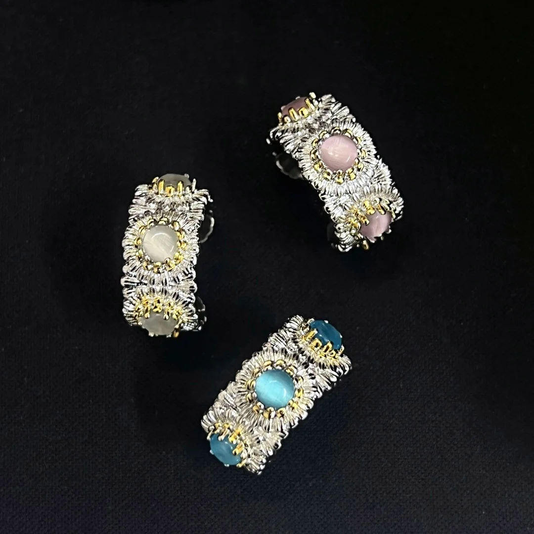 

Designer Craft Light Luxury High End Colorful Gemstone Ring Vintage Flower Brushed Finish Adjustable Statement Ring High Quality