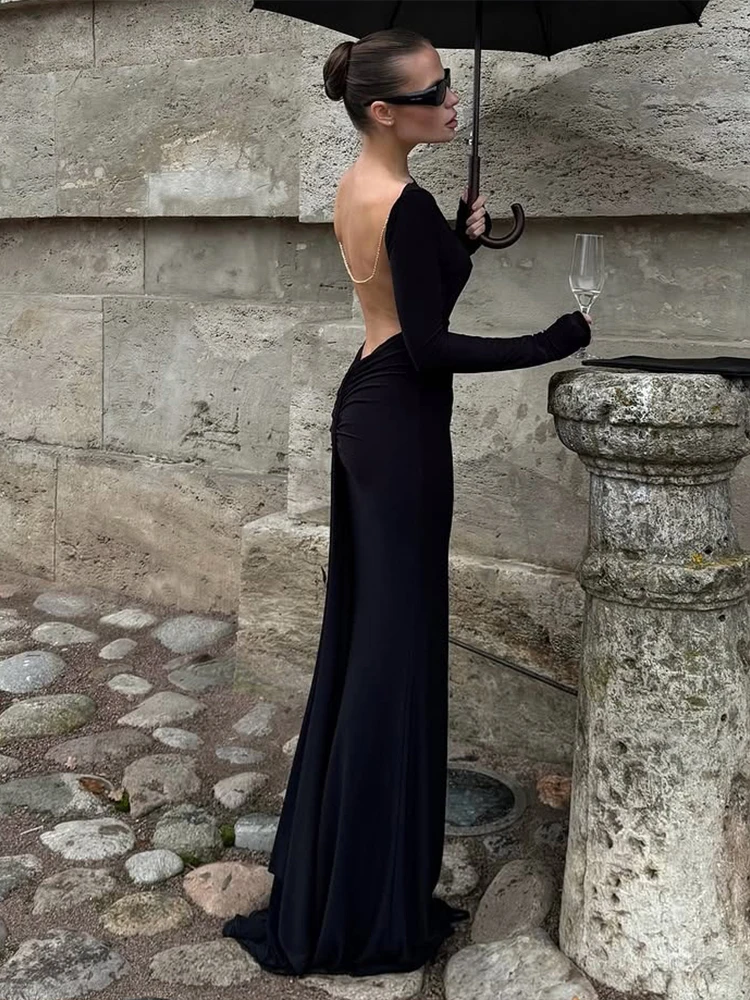 Kliou Metal Chain Backless Elegant Long Dresses Woman o-Neck Full Sleeve Skinny High Waist Midnight Prom Party Classic Vestidos - Image 4