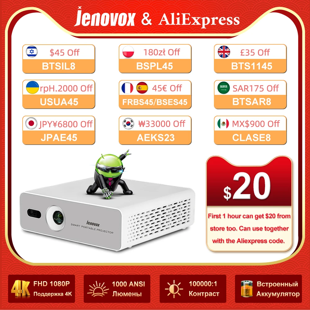 

Jenovox M5000 Mini DLP Portable Projector Android 13 Wifi Smart 4K Video Support HDR Home Theater with Battery for Camp Business