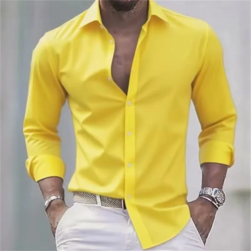 Solid Color Style Men's Long Sleeved Lapel Shirt, Button Design, Digital Printing, Casual and Comfortable, Fashionable Dressing