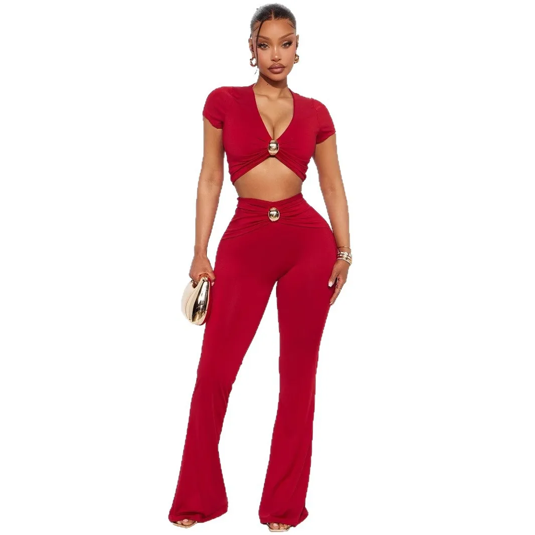 Sexy Spice Girls Style Low-cut V-neck Short-sleeved T-shirt Top Hardware Waist-wrapped Hip Trousers Suit Women