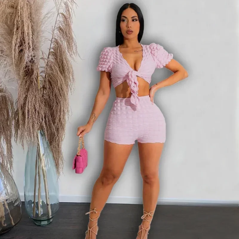 

GUWU Beautiful Day Popcorn Short Set Two-Piece Outfits Women Tie-Front Crop Top and Shorts Active Matching Set Sexy Clubwear