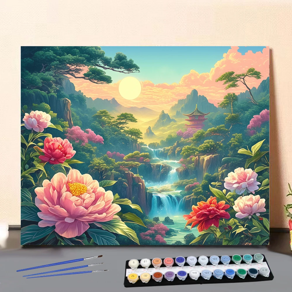 Painting by Numbers Colorful flowers and mountain  Art Culture Digital Painting Handmade Adult Children Gift Wall Decoration Dig