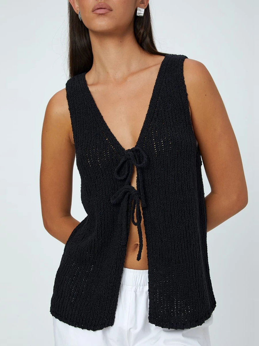 Women s Sleeveless V Neck Knitted Tank Top with Cross Tie-up Front Detail and  Fit Design - Sweater Vest for a Stylish Look