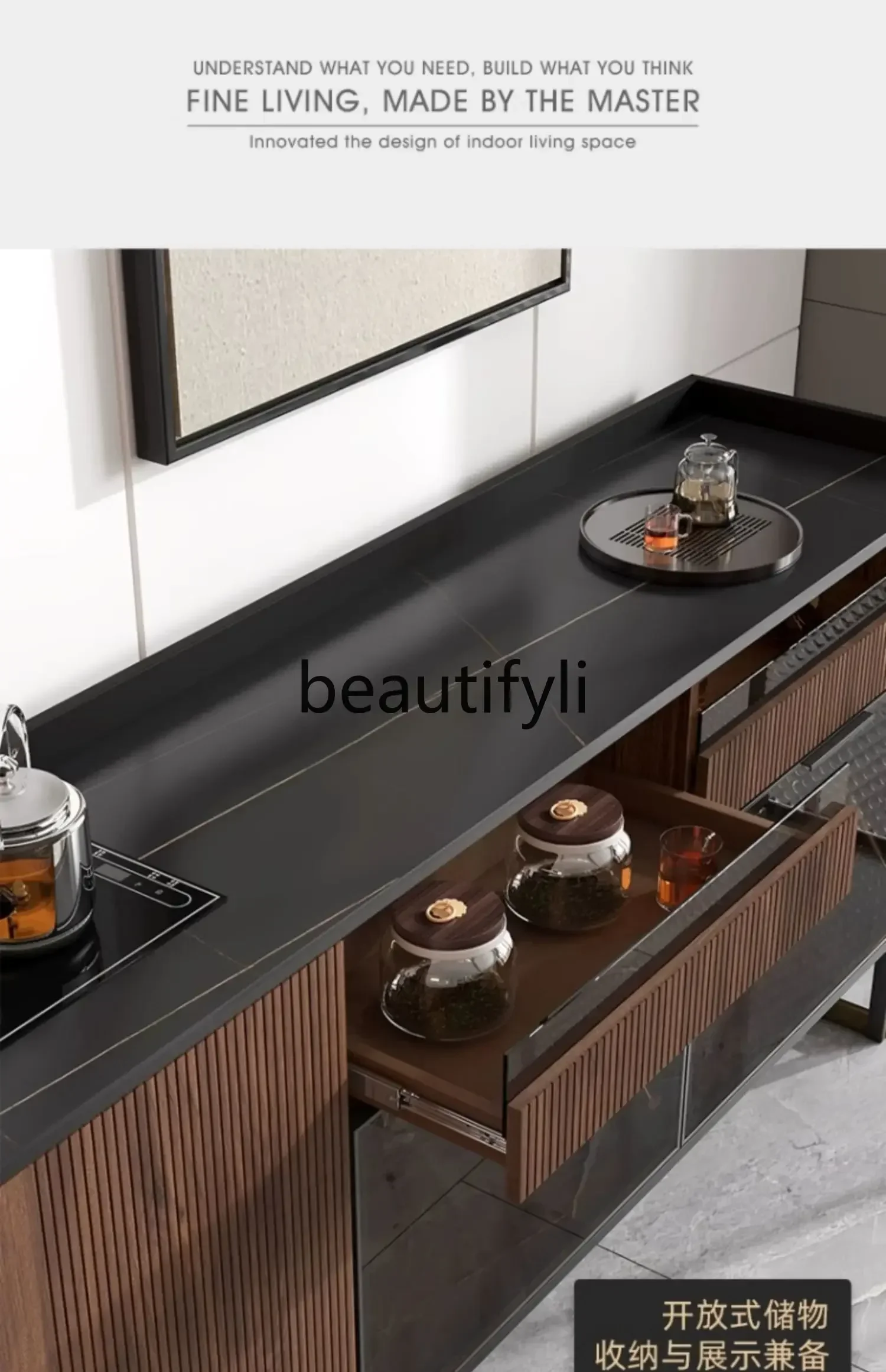 G Italian rock slab dining side cabinet, tea cabinet against the wall, living room, modern simple light luxury home glass door