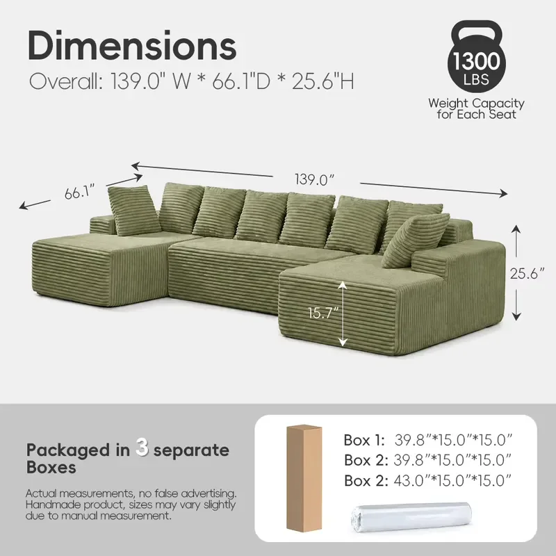 Modular Corduroy Sofa Bed Parts Compatible with U Shaped Cloud Sectional Chaise Longue Ottoman Cushion Replacement