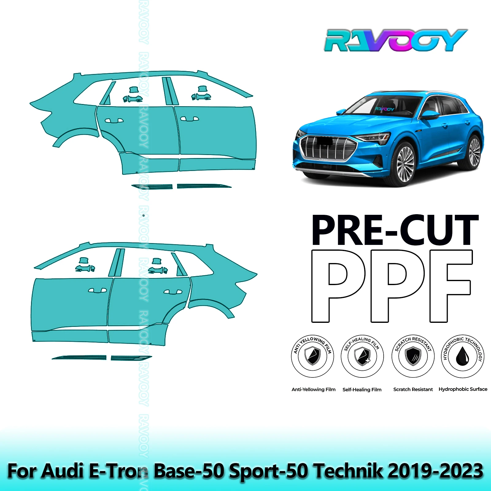 

For Audi E-Tron Base-50 Sport-50 Technik 2019-2023 8.5mil Pre-Cut PPF Door & A/B Pillar Kit TPU Paint Protection Film Set