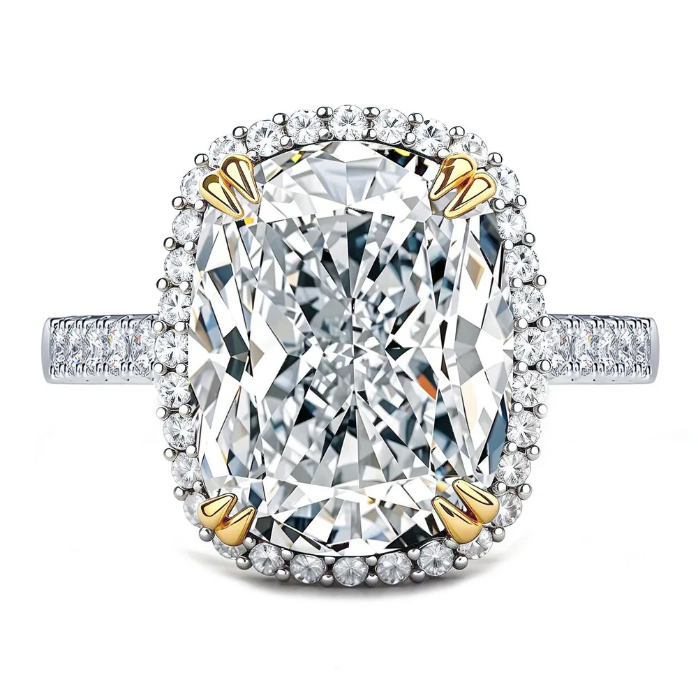 

S925 Серебро с родиевым покрытием 10CT D Цвет Муассанит 10x14 мм Форма подушки Большое обручальное кольцо с рамкой для женщин