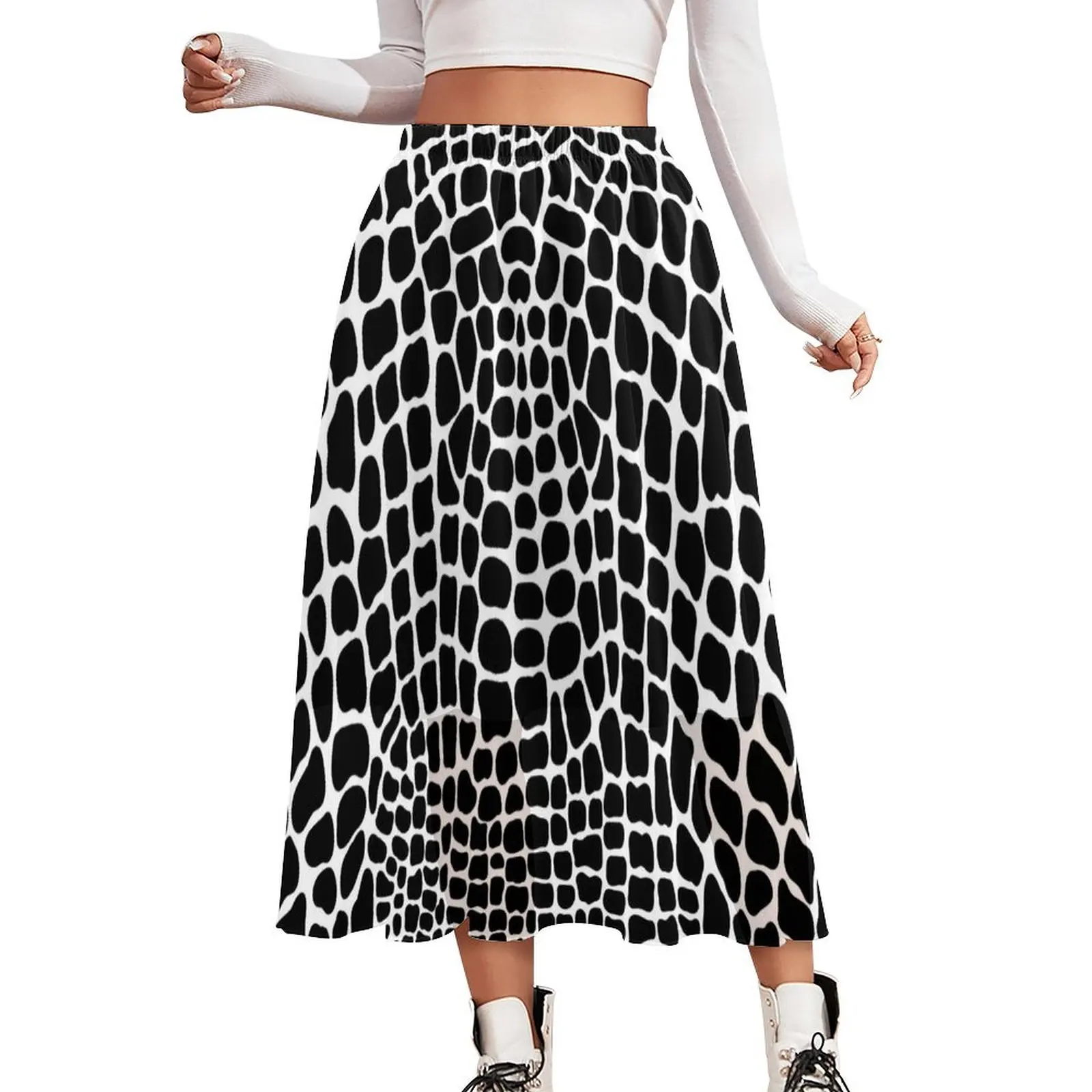 

Snakeskin Skirt Black and White Animal Cute Boho Skirts Summer Korean Fashion Elastic Waist Chiffon Custom Big Size A-line Skirt