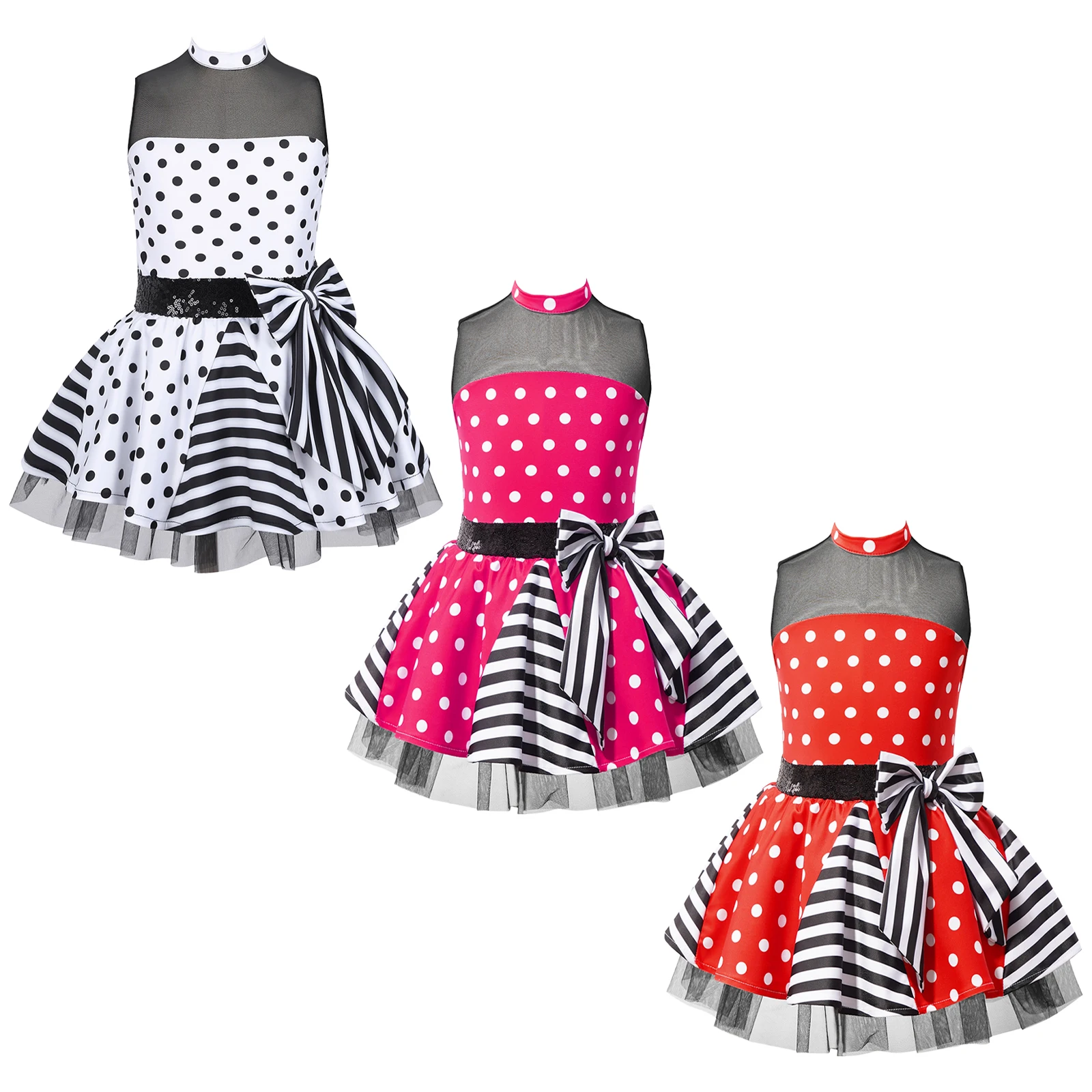 Girls Jazz Latin Ballet Dance Dress Polka Dots Print Mesh Sequin Bowknot Tutu Dress Birthdays Party Wedding Flower Girl Dresses