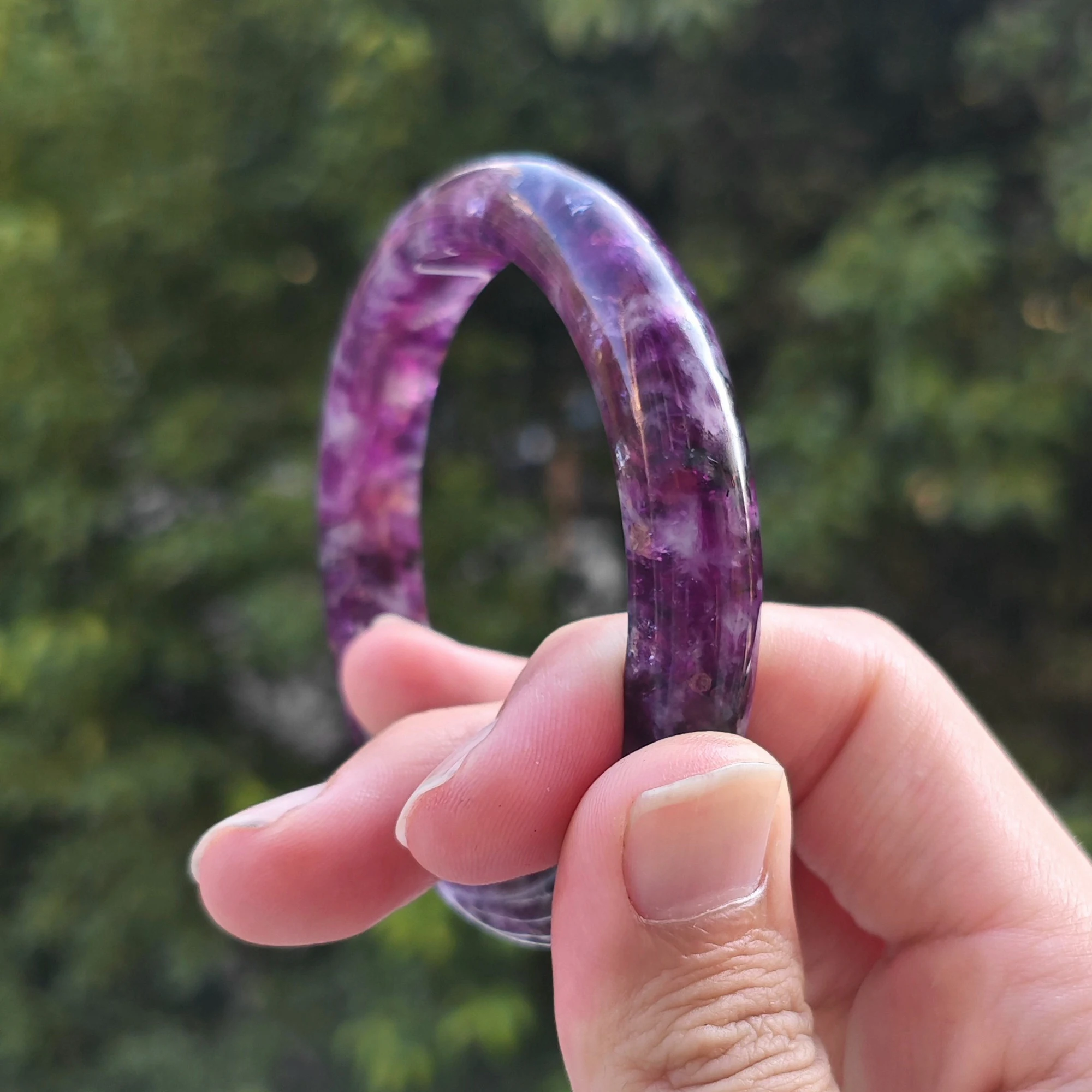 Purple Lepidolite Gemstone Bangle Shimmering Mica Bracelet Solid Round Wristband Aesthetic Violet Jewelry Present for Her