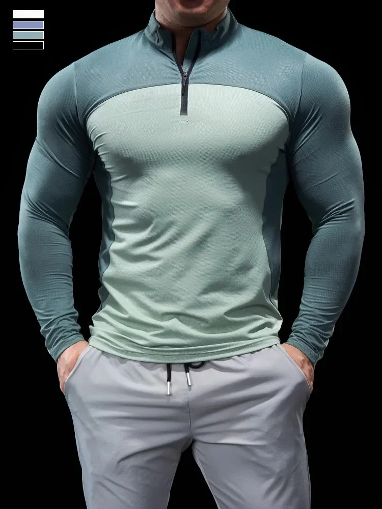 Men Spring Autumn Long-sleeved Tights Fitness Clothes POLO Shirt Half-zip Quick-drying Elastic Sports Thin Running Gym Top