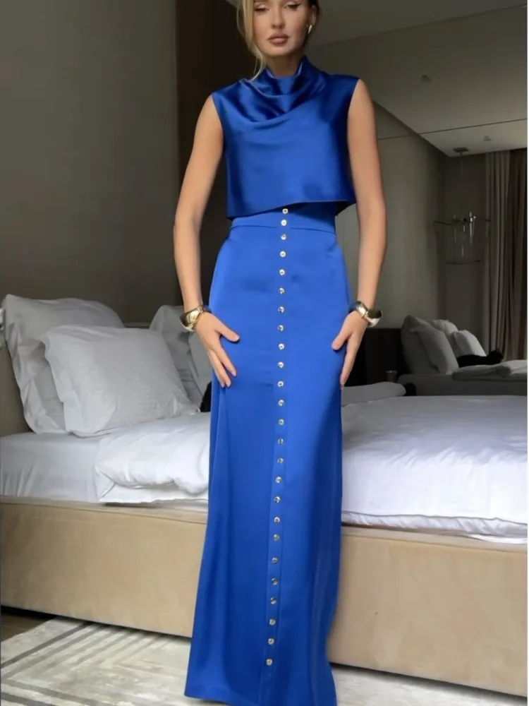 

Плиссированный топ с высоким воротником, жилет, однобортная длинная юбка, комплект из двух предметов, атласная повседневная блузка без рукавов, юбки с разрезом с высокой талией