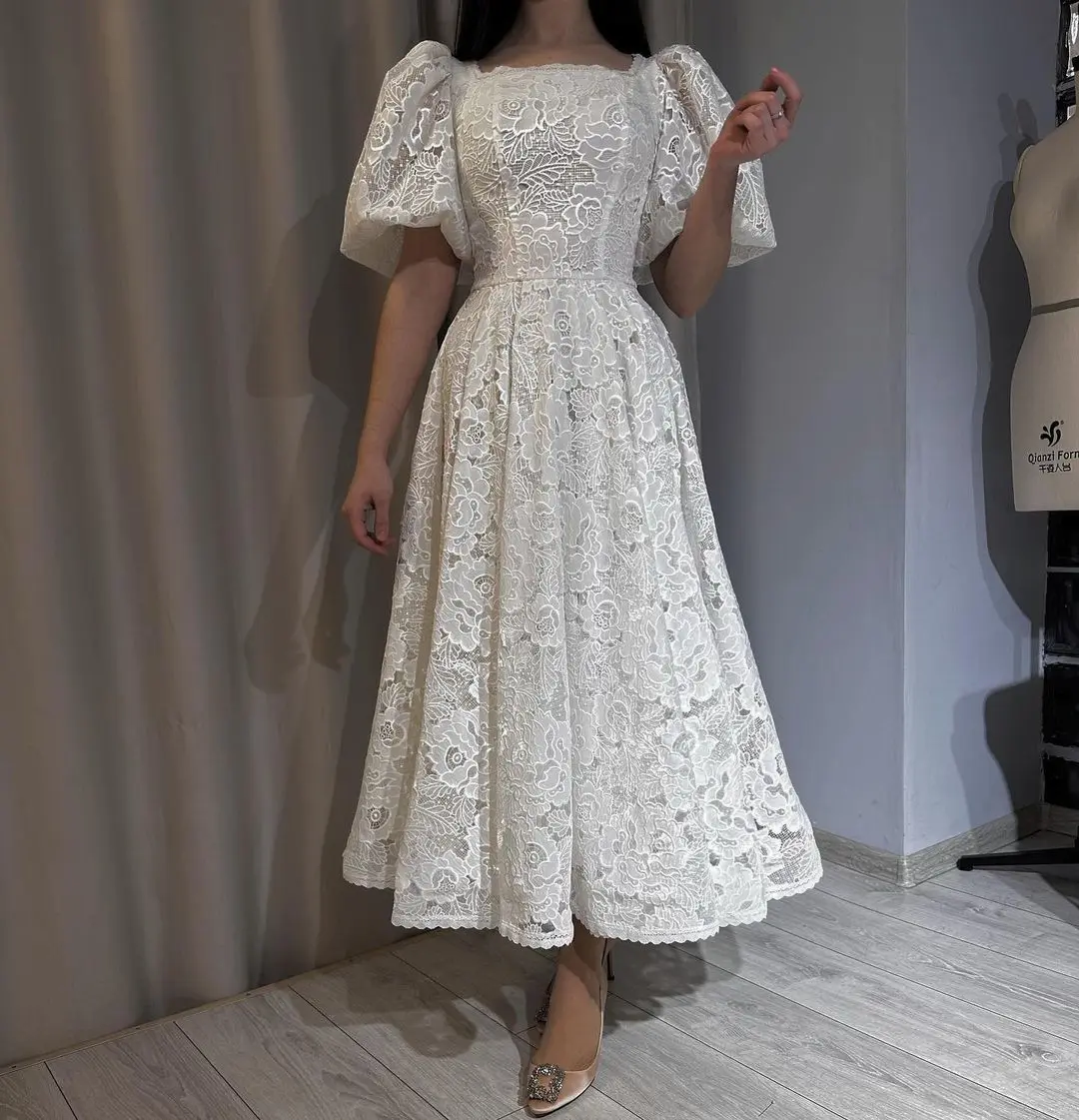 

Saudi Arabia Women's Prom Dresses Square Neck Ankle Length Lace Puff Sleeves Formal Occasion Dress Temperament Evening Dress