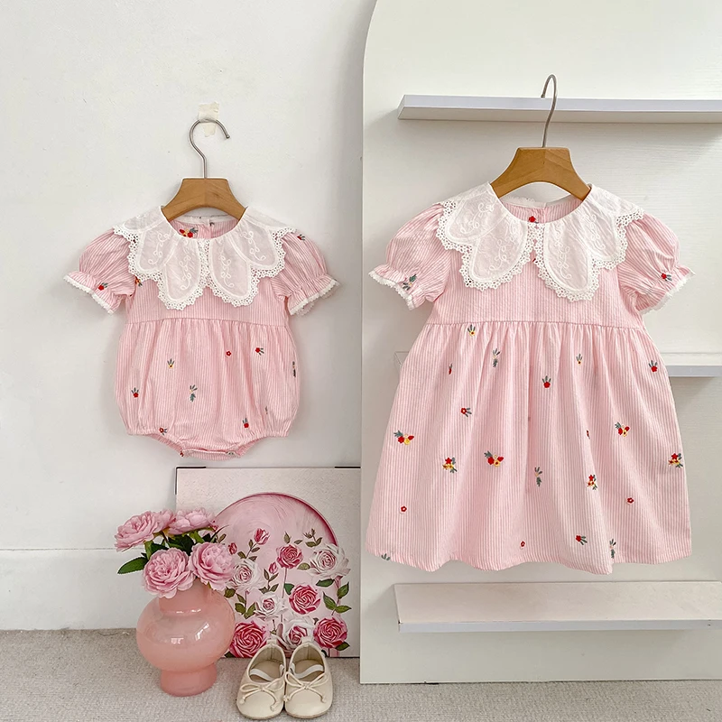 2026 Summer 0-24M Baby Girl Embroidery Collar Bodysuit 2-6Yrs Kid Sweet Party Short Sleeves Lace Collar Dress Pink Sister Dress