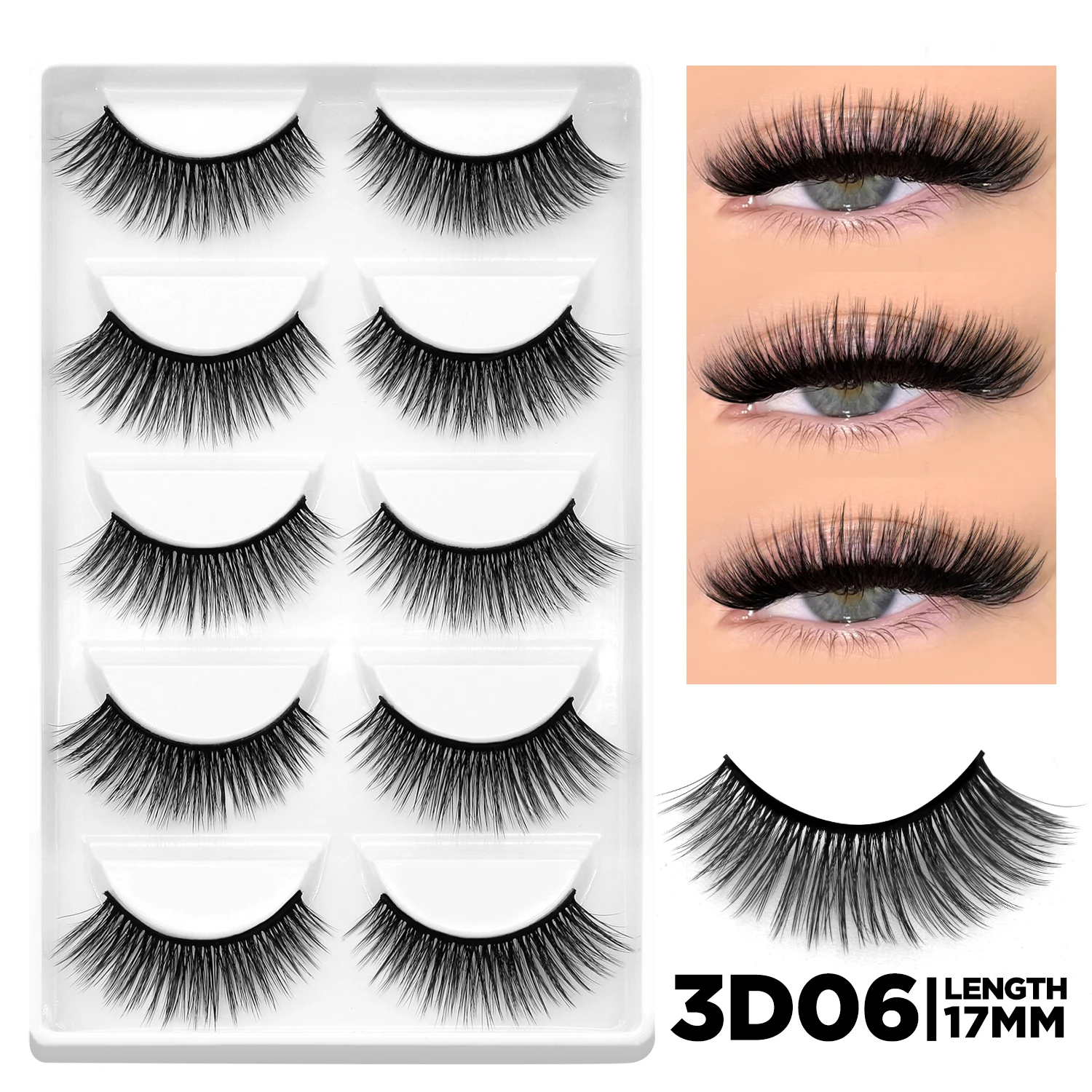 3D Natural False Lashes, Cat Eye, 6 Pairs