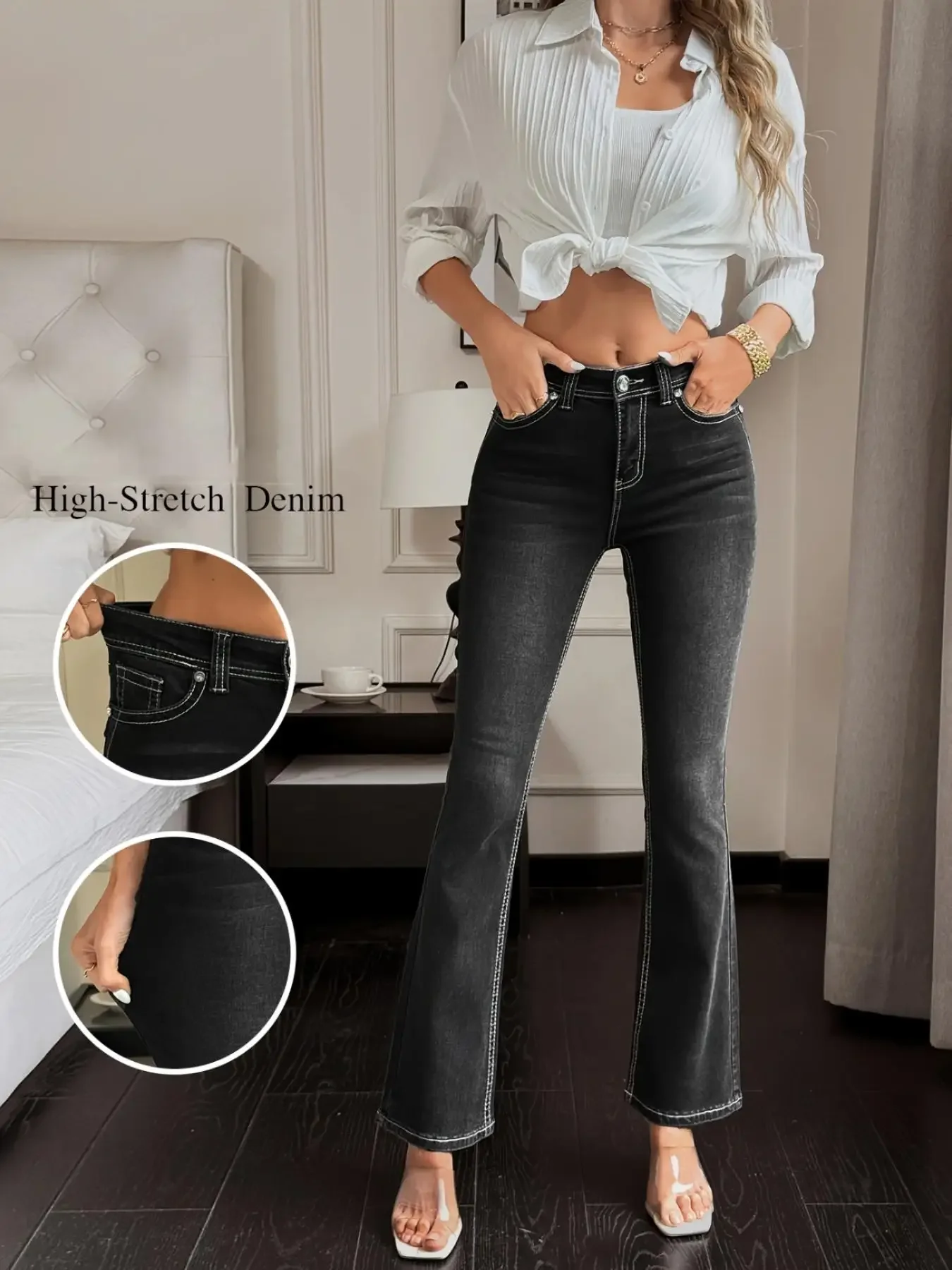 Plus Size Women's Retro Flare Jeans High-Stretch Denim Pants Stylish Curve-Friendly Clothing