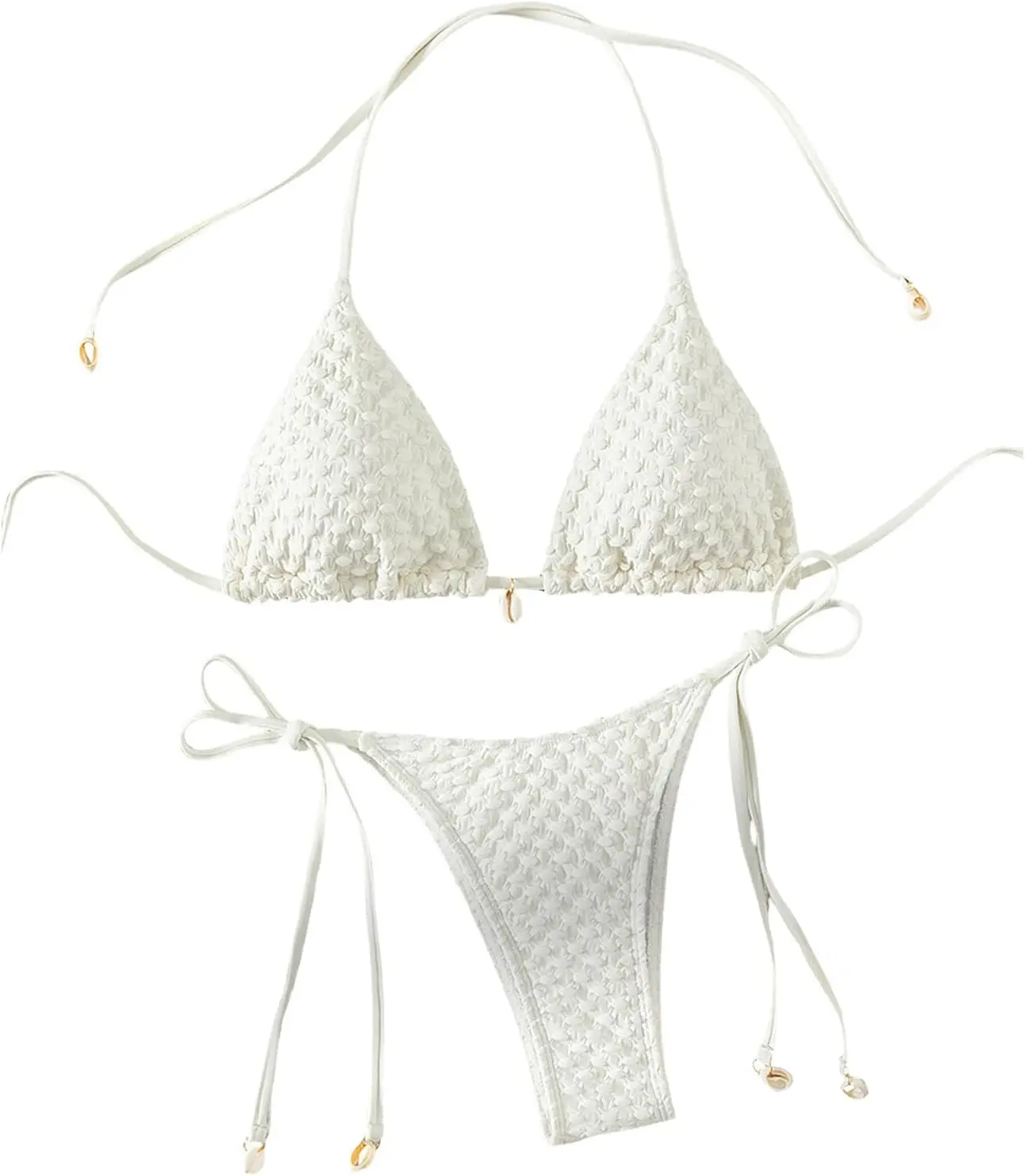 Women's 2 Piece Halter Swimsuit Textured Tie Side Triangle Bikini Bathing Suit