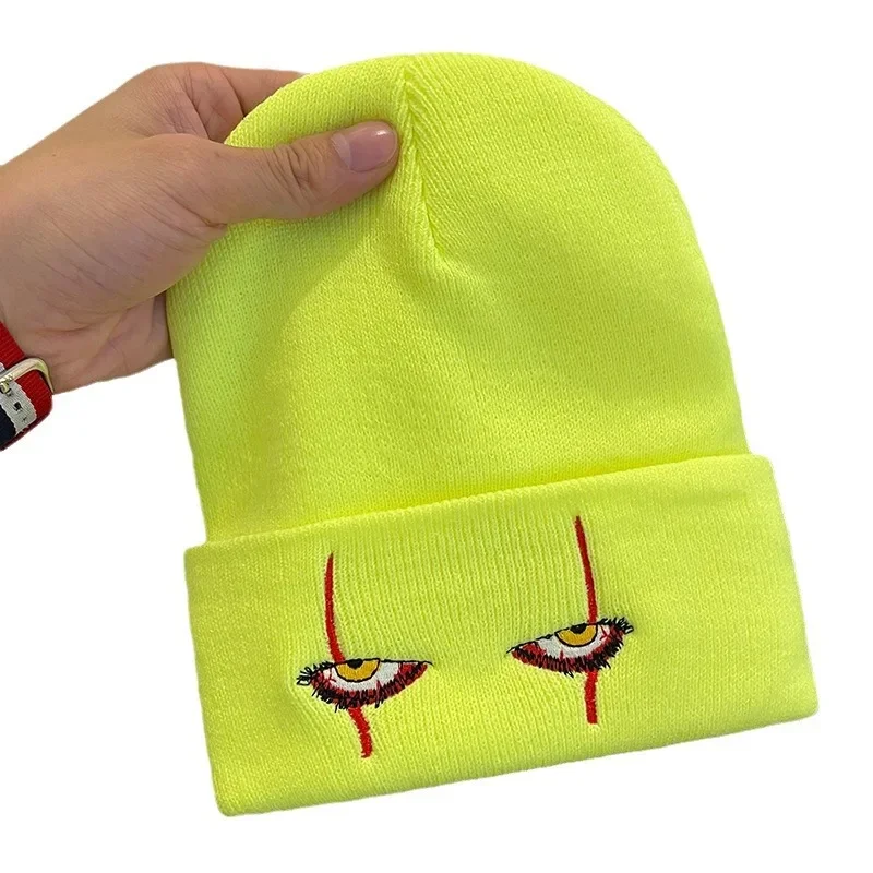 Gorros de lana bordados, gorro tejido con ojos de payaso aterrador, gorro de hip-hop con cobertura cálida, gorros de lana para Halloween