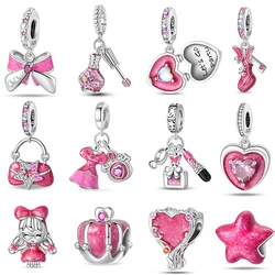 Sweet 925 Silver Romantic Princess Pink Dress Lipstick High Heels Perfume Charms Beads 3mm DIY Fine Jewelry