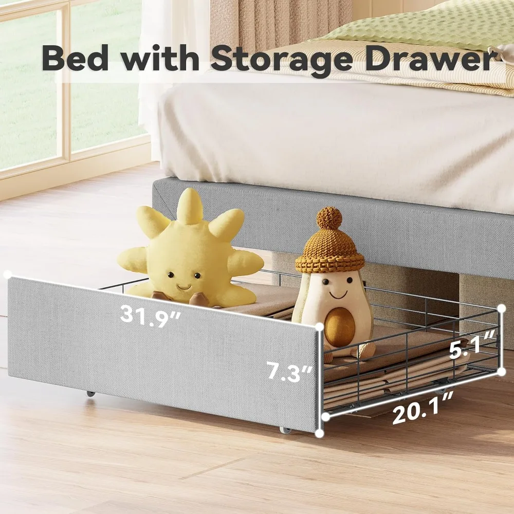 Twin Bed Frame with Under-Bed Drawer, Platform Upholstered Bed with Headboard, No Box Spring Needed/Noise-Free-Light Grey