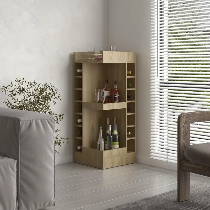 Mueble de barra esquinero de 3 niveles de 46" de alto con 14 cubículos para botellas de vino, almacenamiento de licores para sala de estar con acabado en roble claro
