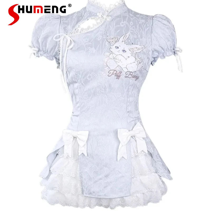

Short-sleeved Dress Women's Kawaii Clothes New Chinese Style Dresses Slim Fit Improved Cheongsam Short Blue Vestidos De Mujer