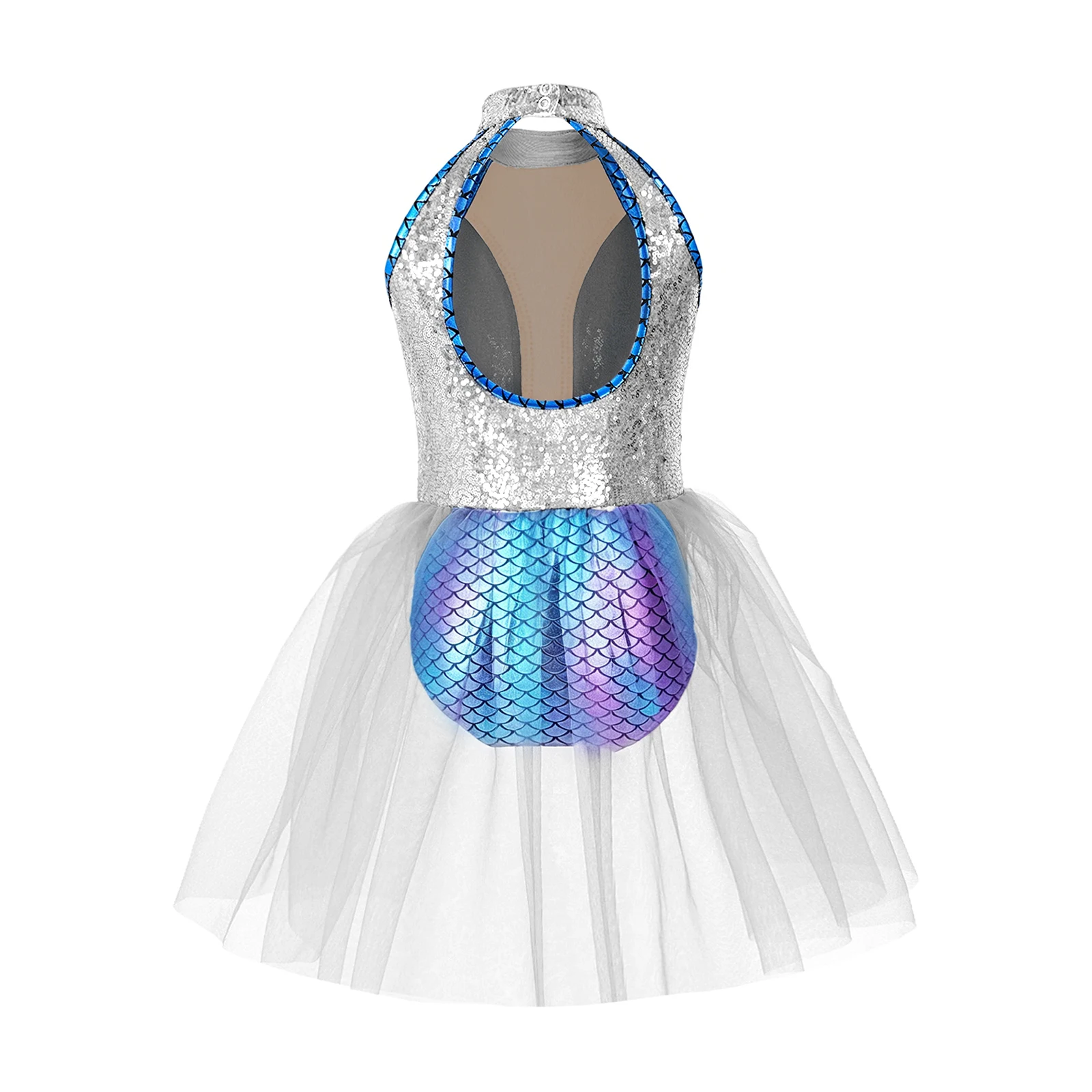 Kids Girls Ballet Gymnastics Leotard Fish Scales Print Tutu Dress Mermaid Ballerina Costume Shiny Sequins Tulle Skirted Jumpsuit