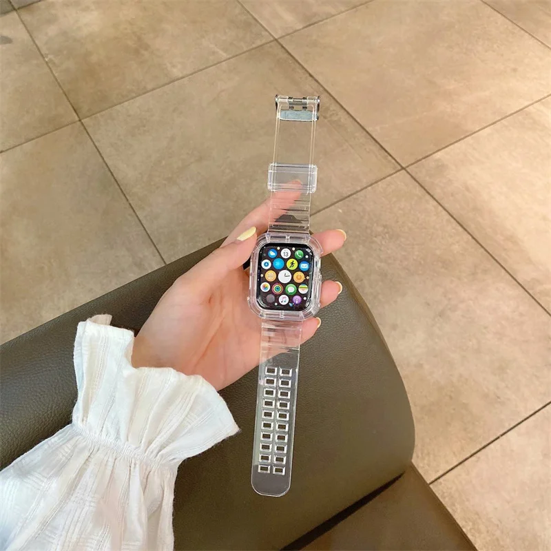 Pulseira de plástico transparente para Apple Watch, Glacier Band e Case para iWatch Series 8, 7, 6, SE, 5, 4, iWatch 3, 38mm, 40mm, 49mm, 45 milímetros, 42 milímetros, 41 milímetros