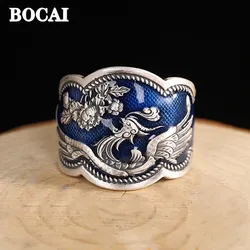 BOCAI New S925 Silver Jewelry Inlaid Burnt Blue Peony Flower Phoenix Retro Ethnic Style Opening Ring for Women Wholesale