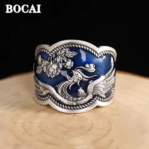 BOCAI New S925 Silver Jewelry Inlaid Burnt Blue Peony Flower Phoenix Retro Ethnic Style Opening Ring for Women Wholesale