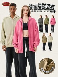 ZODF Retro Men Batik Washed 420gsm Zipper Hoodies Unisex Heavyweight Oversized Distressed 100% Cotton Hooded Jacket HY0946