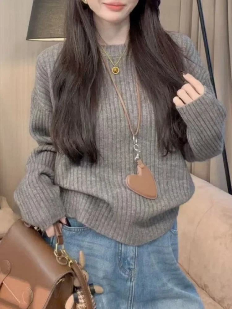 

Retro Chic plus Size ey Long Sve Knitted Sweater Women Loose Slimming Lazy Sle Soft Cozy Inner Wear Casual Faion