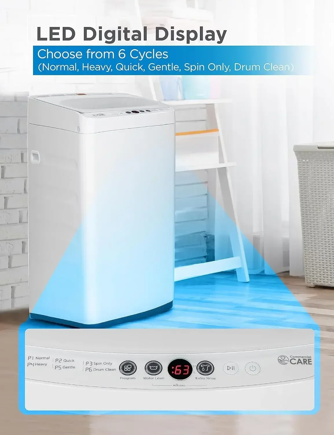 Commercial Care 0.9 Cu. Ft. Portable Washing Machine, Compact  Machine with 6 Wash Cycles,Portable Clothes