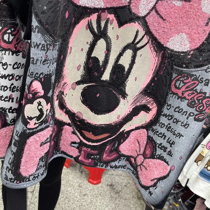 المرأة Y2k Kawaii تي شيرت شعبية فضفاضة قصيرة الأكمام أعلى الصناعة الثقيلة منشفة التطريز المتعثرة الكرتون الشباب بلايز #6