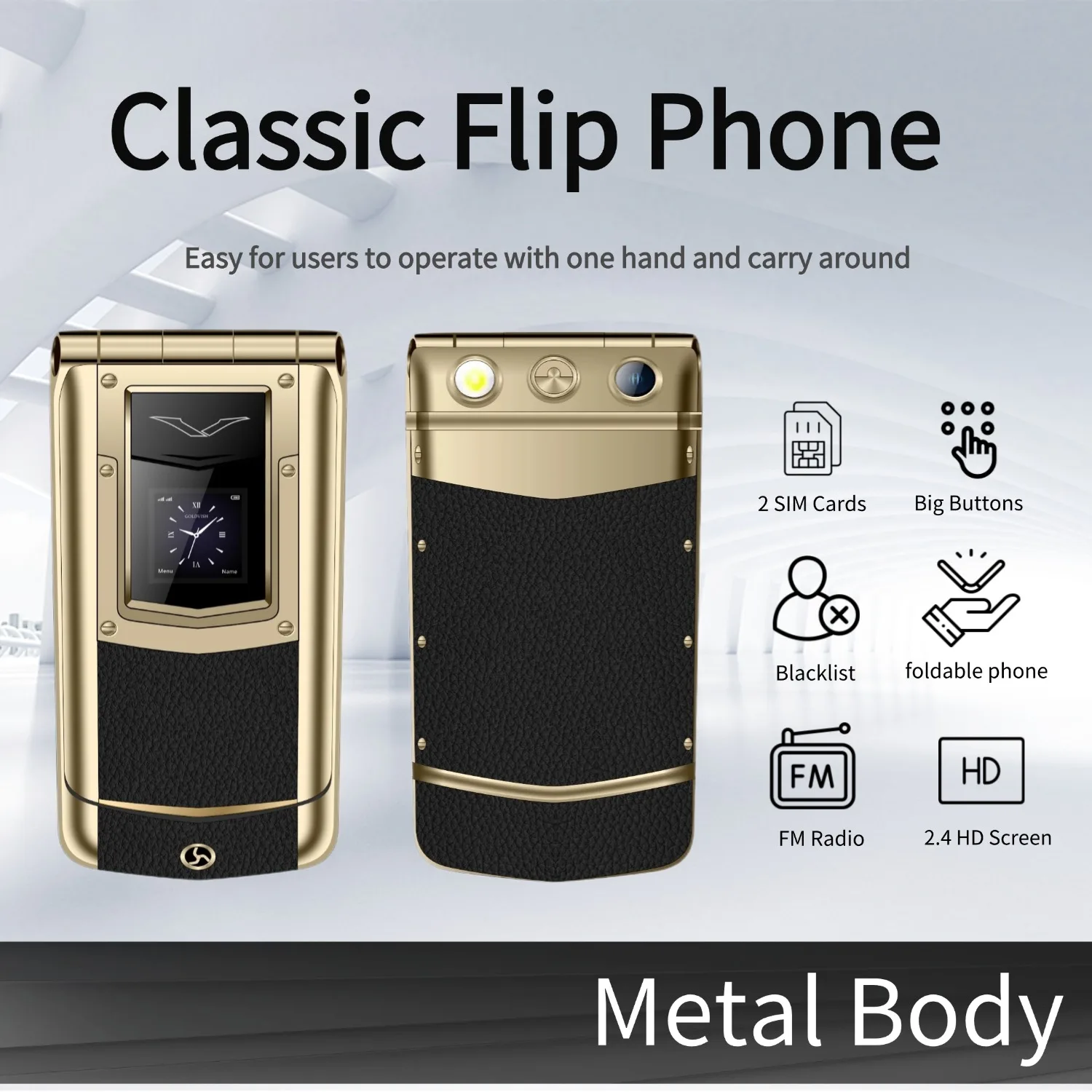 Luxury Metal Flip Phone for Men Dual SIM Business Phone Big Button Dual Screen Magic Voice Blacklist Senior Classic Mobile