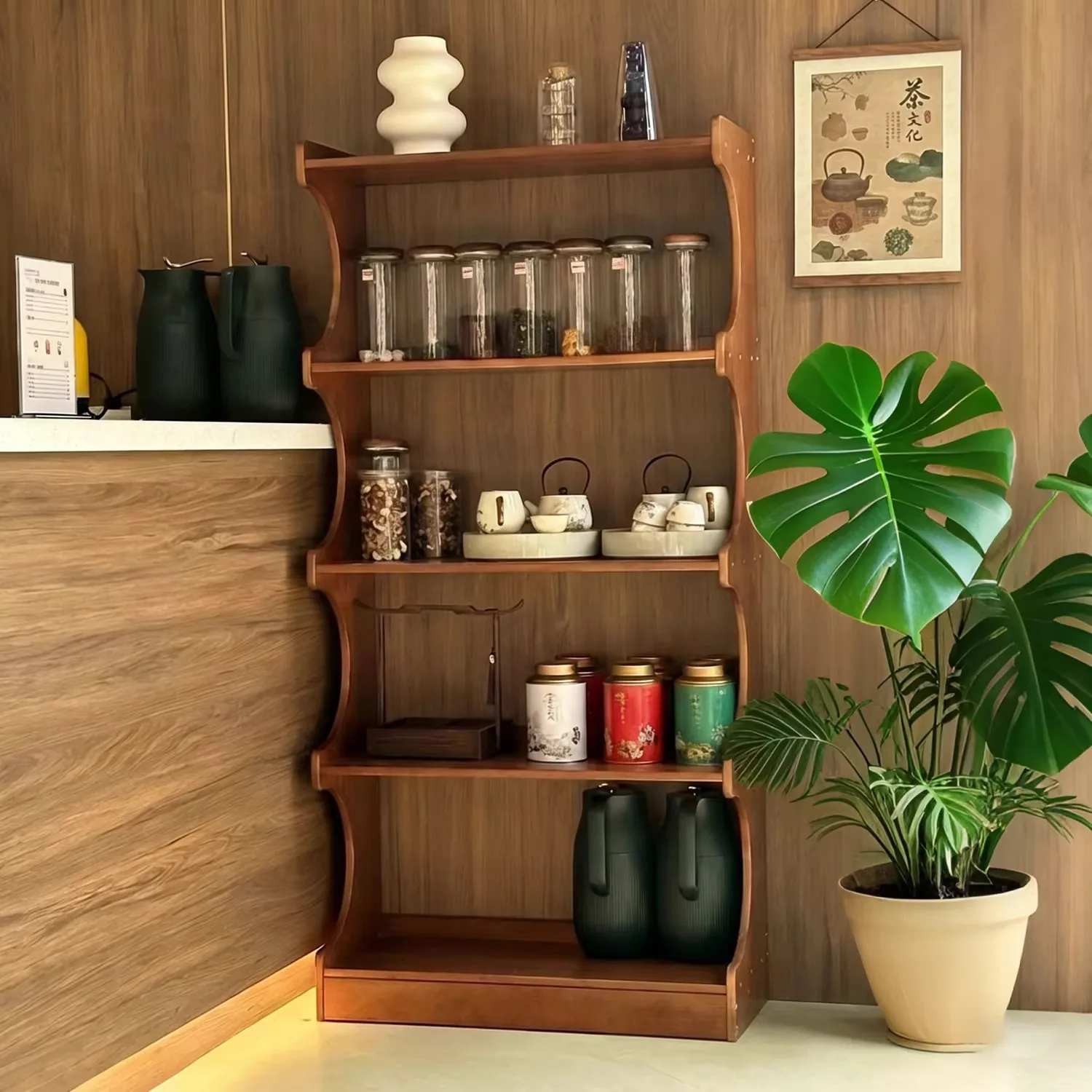 Tea storage cabinet Solid wood tea rack Floor-to-ceiling multi-layer shelf Homestay tea set Storage cabinet Display cabinet