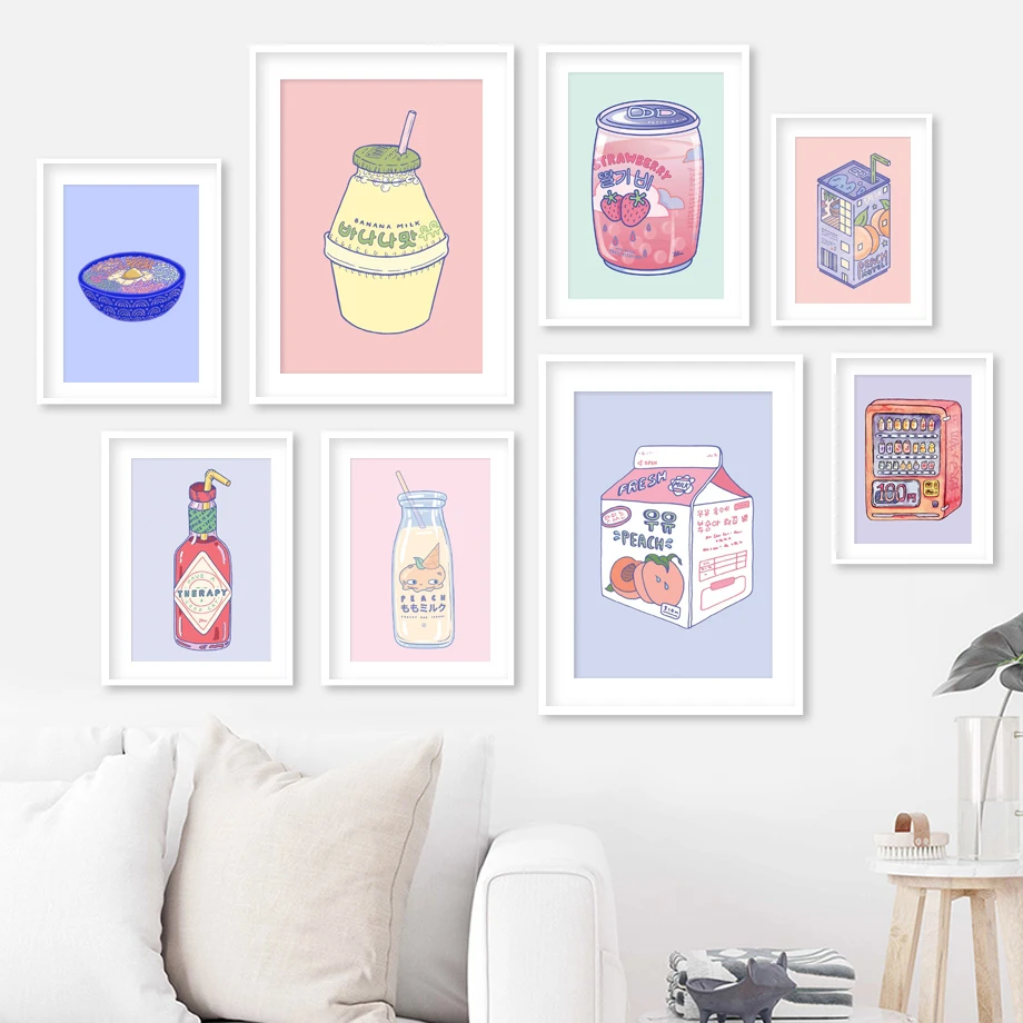 (1PC Unframe)Cute Korean Milk Carton Drink Cans Wall Art Canvas Painting Nordic Posters And Prints Wall Pictures For Living Room